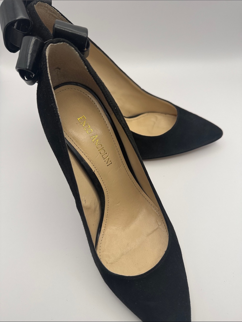 Enzo Angiolini Black Suede Pointed-Toe Pumps with Heel Bow